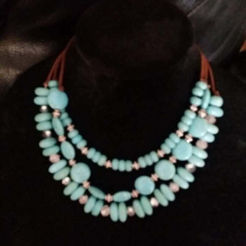 Faux Turquoise 3 strand leather stranded Necklace